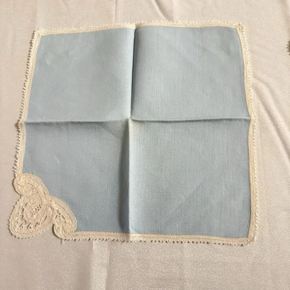 Vintage Blue Linen Placemats 16x11 Napkins 11x11 Set 23pc Lace Trim Estate